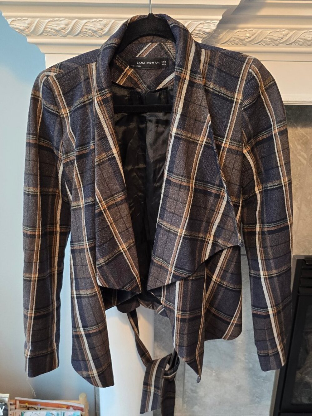 Zara Plaid Draped Open Front Blazer Jacket with Tie Belt Size XS